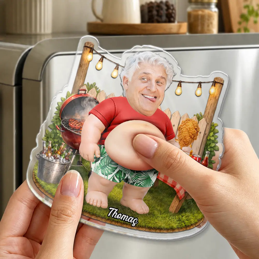Custom Photo Funny Belly Men Cave Garage Grilling - Personalized Squishy Acrylic Fridge Magnet