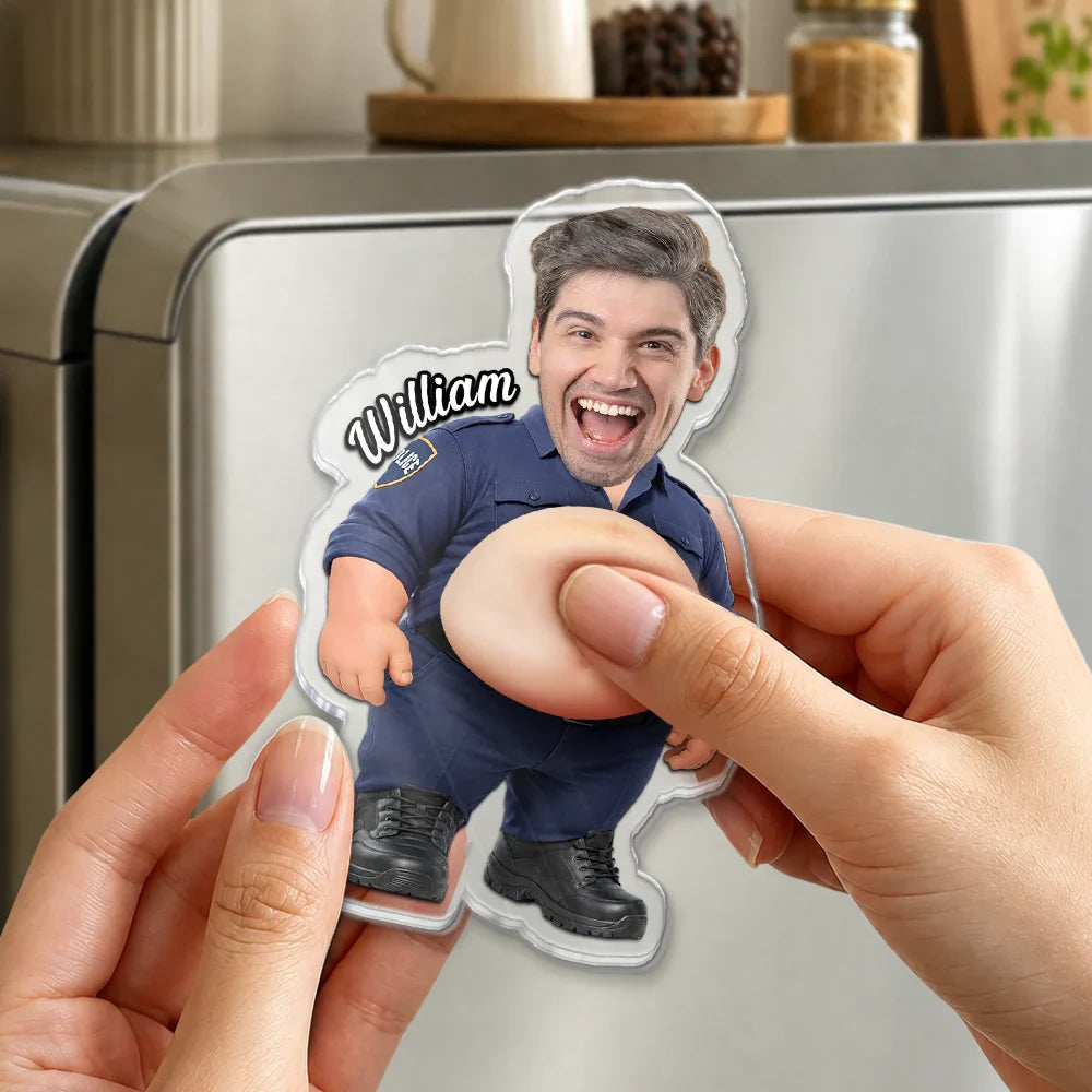 Custom Photo Funny Belly Police Officer On Duty - Personalized Squishy Acrylic Fridge Magnet