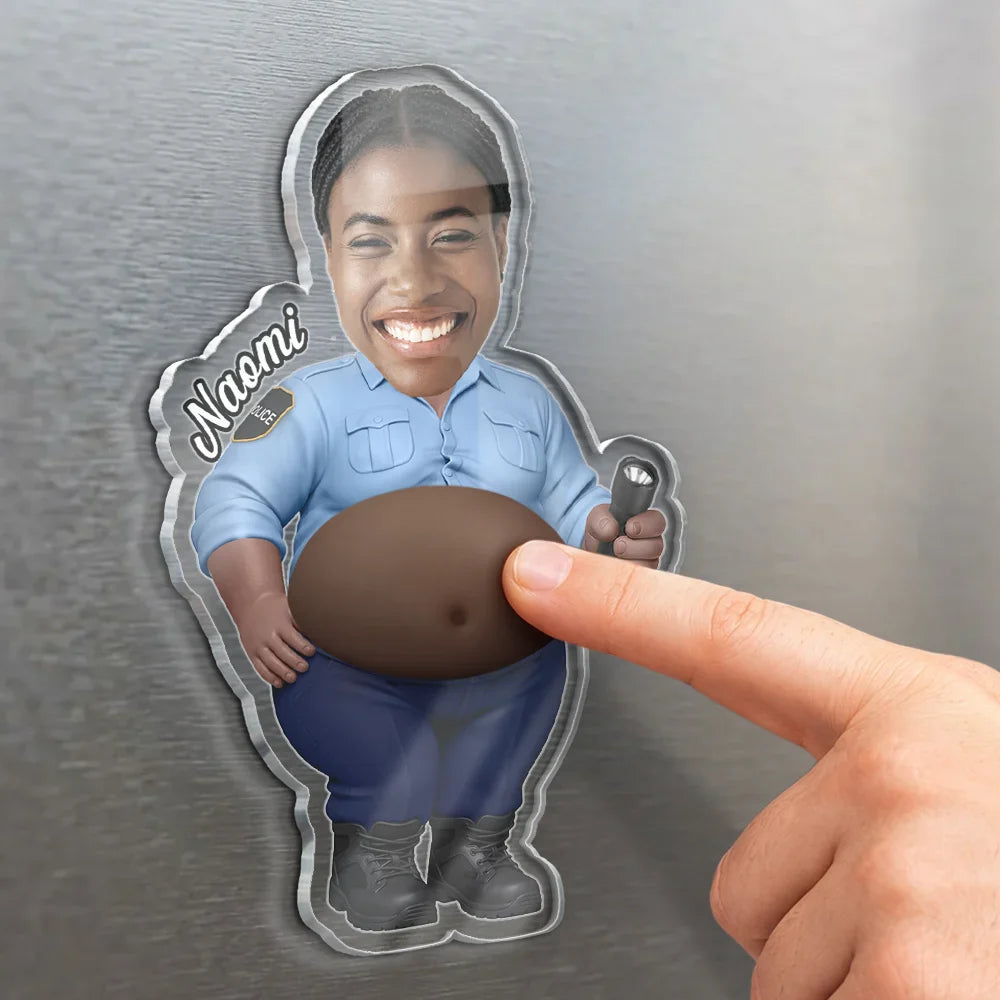 Custom Photo Funny Belly Police Officer On Duty - Personalized Squishy Acrylic Fridge Magnet