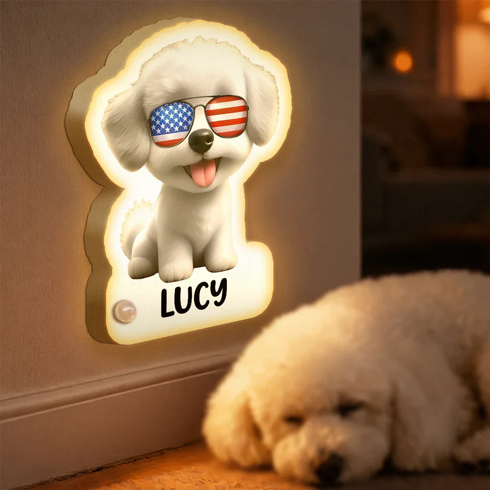 Patriotic Dog Cat With Name - Personalized Motion Sensor Night Light
