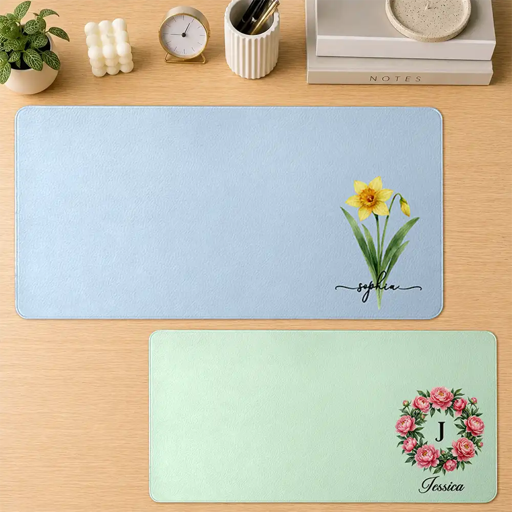 Pretty Birth Month Flower & Name Gift For Her Teachers Friends Coworkers - Personalized Leather Desk Mat