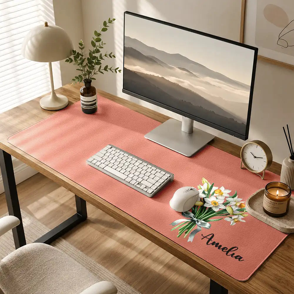 Pretty Birth Month Flower & Name Gift For Her Teachers Friends Coworkers - Personalized Leather Desk Mat