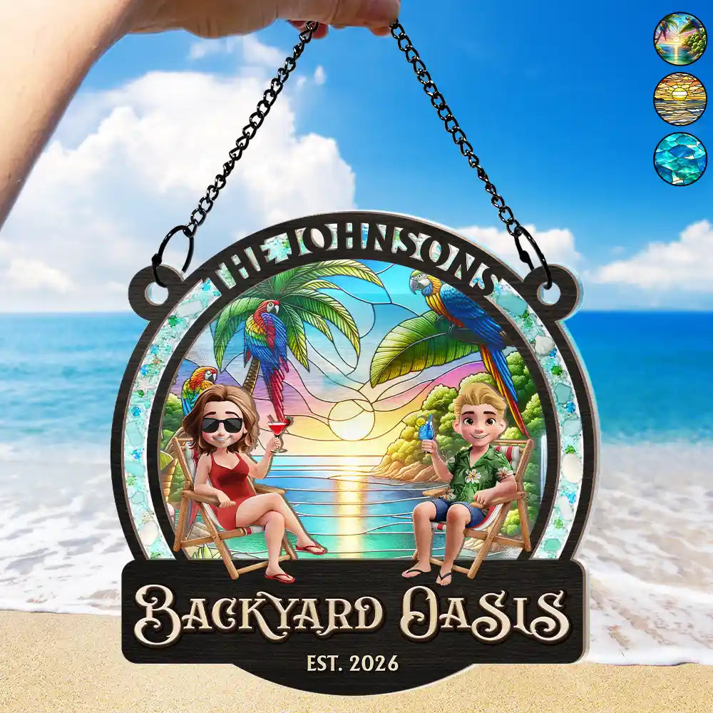 Sea Glass Frame Backyard Oasis - Personalized Window Hanging Suncatcher Ornament