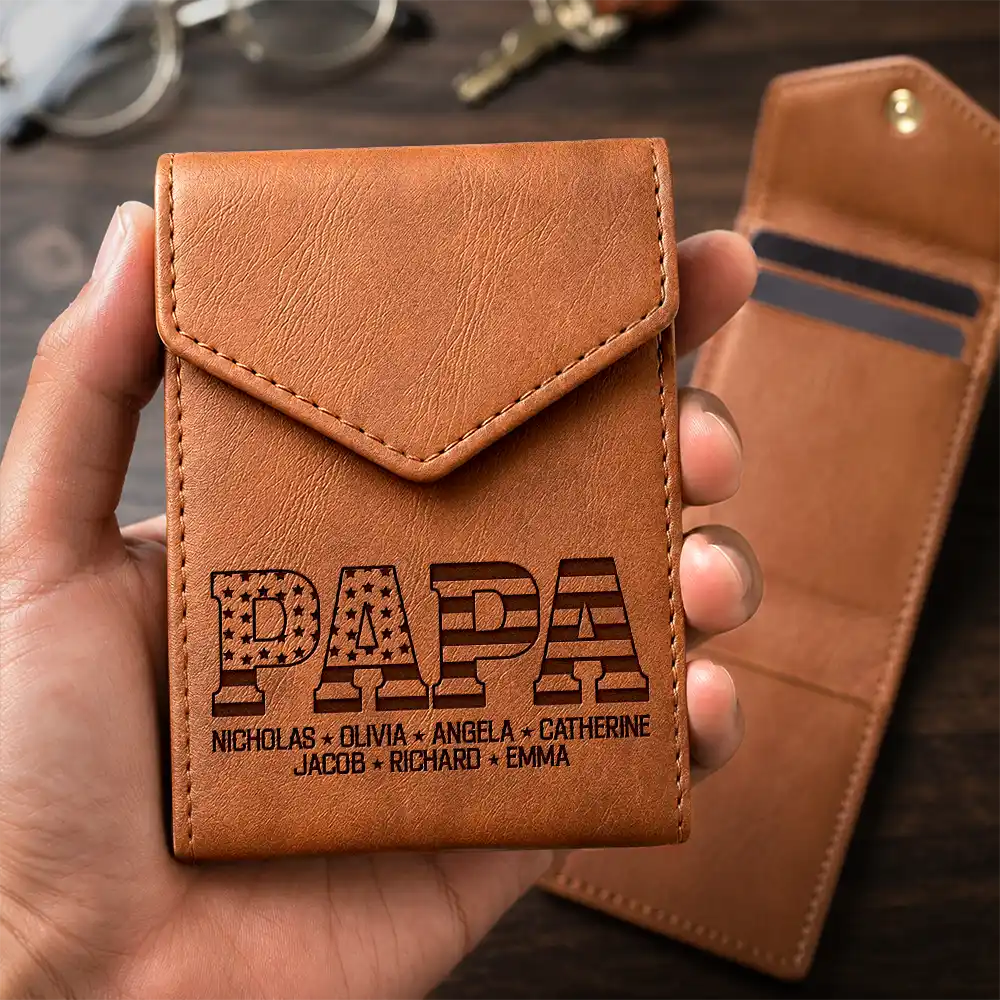 Stars & Stripes Dad Papa - Personalized Leather Slim Wallet