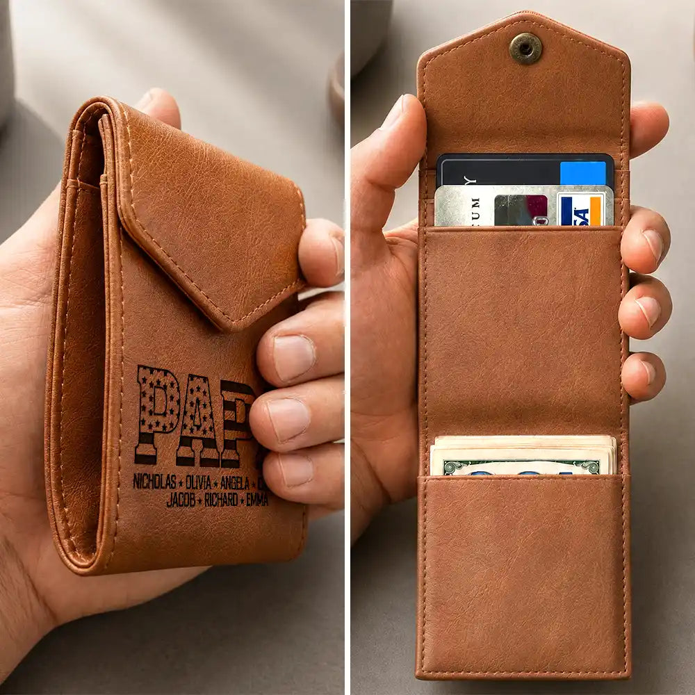 Stars & Stripes Dad Papa - Personalized Leather Slim Wallet