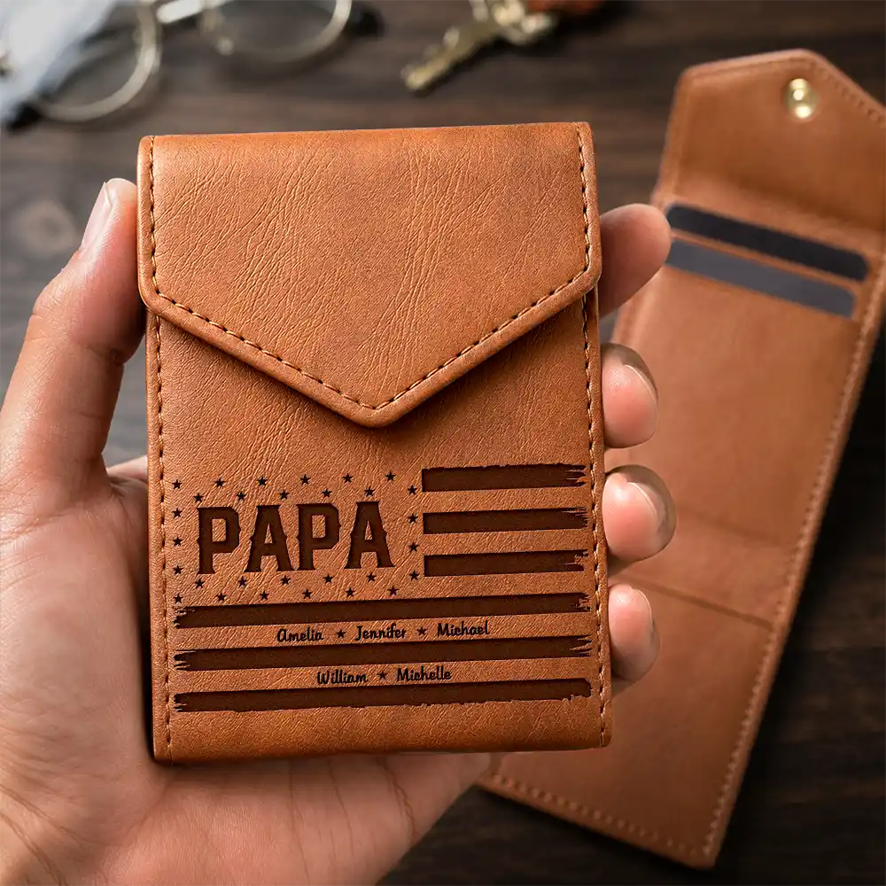 Stars & Stripes US Flag Dad Grandpa - Personalized Leather Slim Wallet
