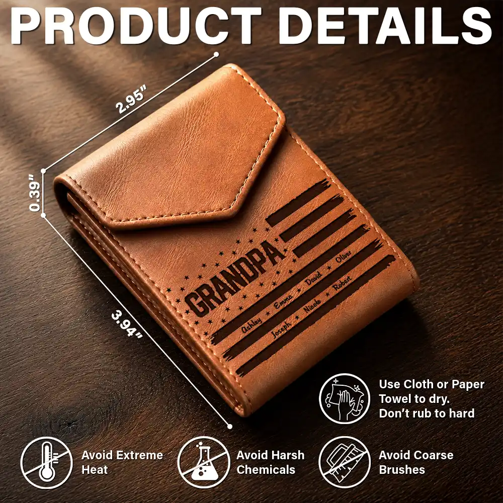 Stars & Stripes US Flag Dad Grandpa - Personalized Leather Slim Wallet