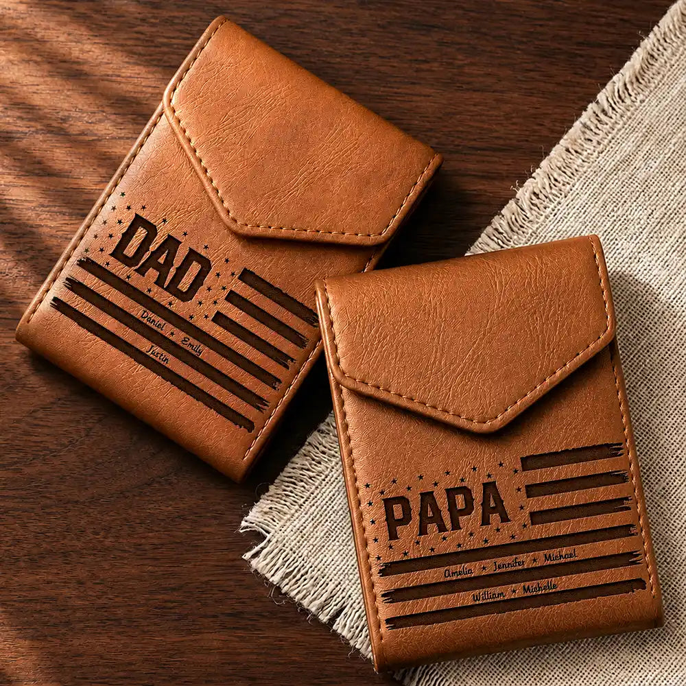 Stars & Stripes US Flag Dad Grandpa - Personalized Leather Slim Wallet