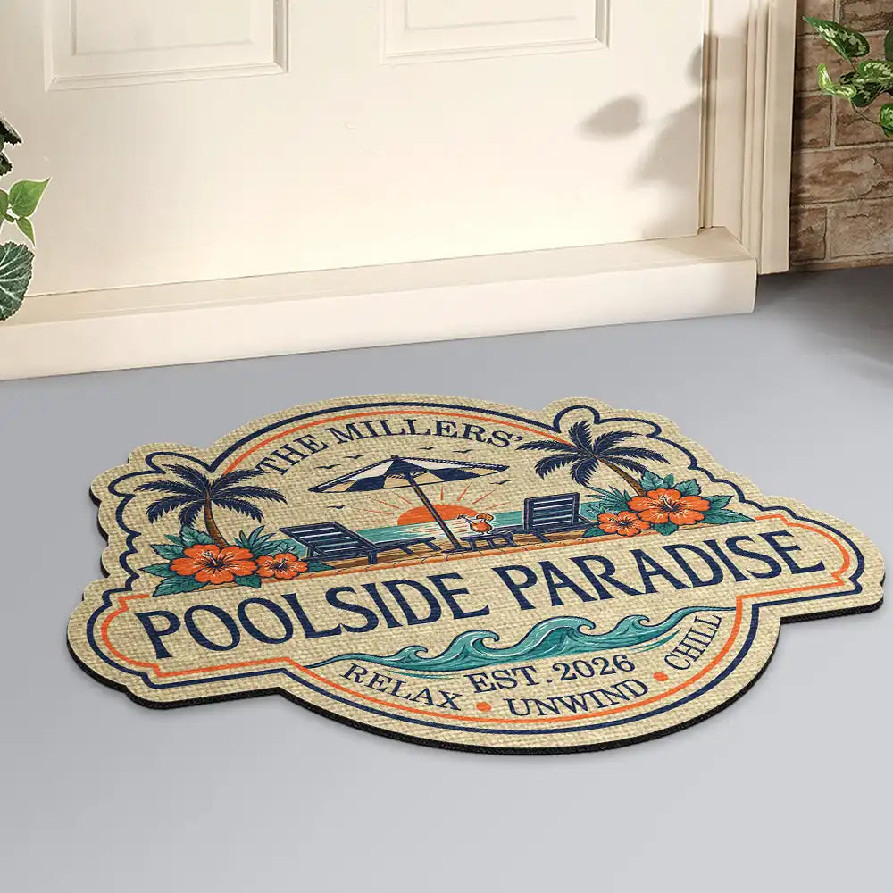 Summer Family Welcome To Our Poolside Paradise - Personalized Custom Shaped Doormat