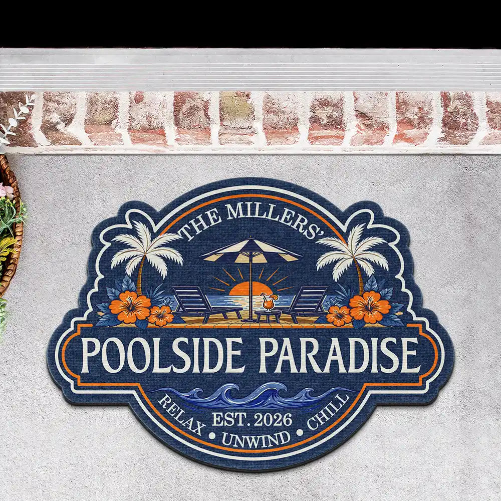 Summer Family Welcome To Our Poolside Paradise - Personalized Custom Shaped Doormat