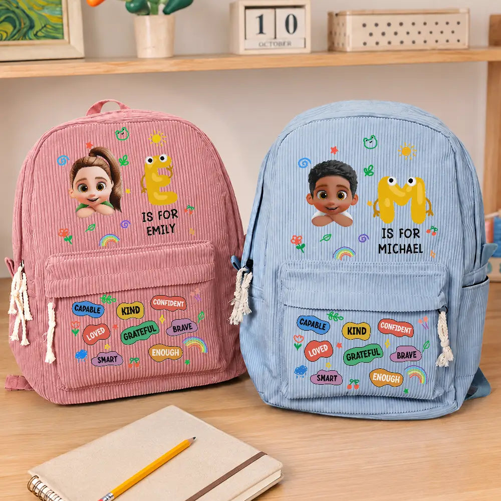 Monogram Back To School Kids Kind Capable Affirmations - Personalized Corduroy Backpack