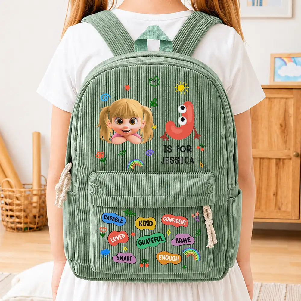 Monogram Back To School Kids Kind Capable Affirmations - Personalized Corduroy Backpack