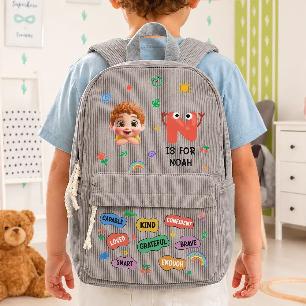 Monogram Back To School Kids Kind Capable Affirmations - Personalized Corduroy Backpack