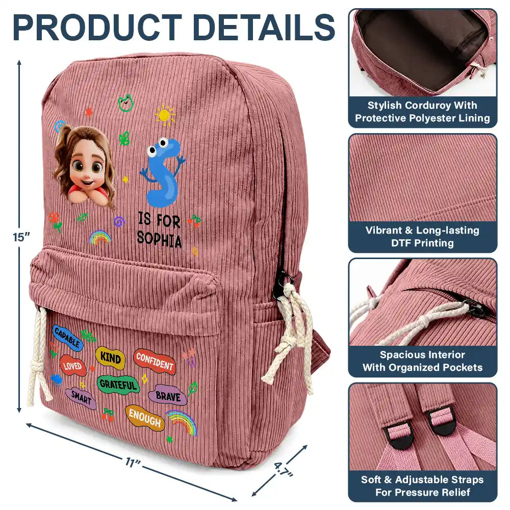 Monogram Back To School Kids Kind Capable Affirmations - Personalized Corduroy Backpack