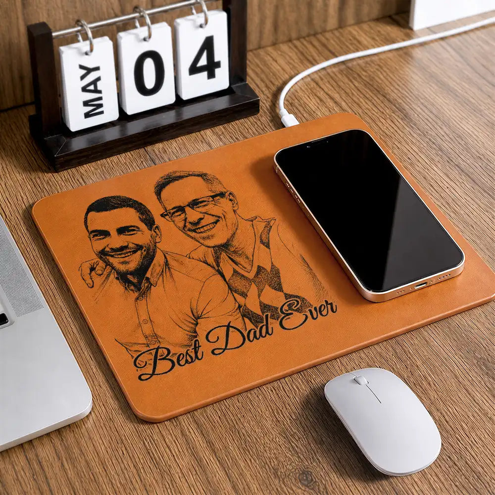 Custom Photo Pencil Sketch Best Dad Ever - Personalized Leather Charging Mat