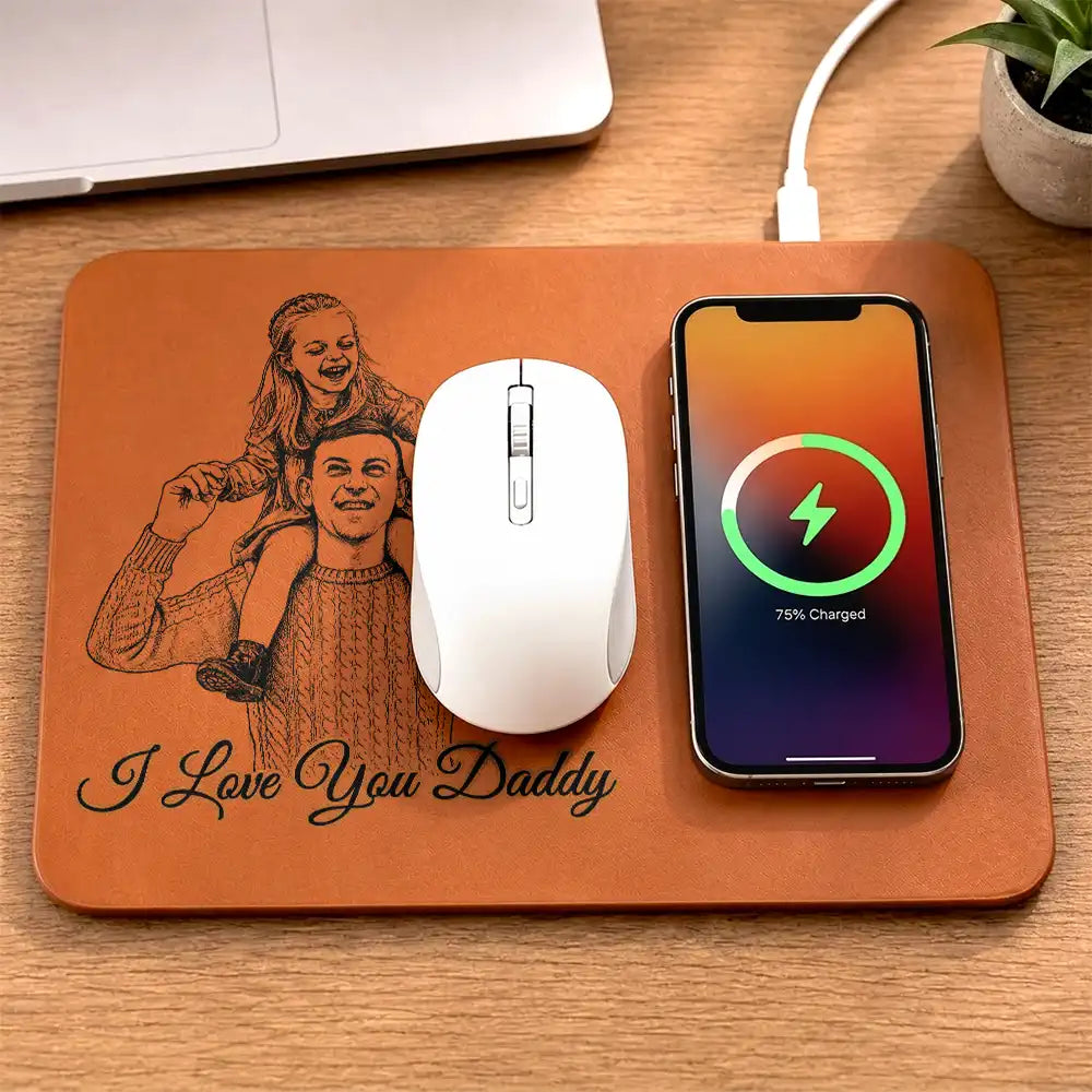 Custom Photo Pencil Sketch Best Dad Ever - Personalized Leather Charging Mat