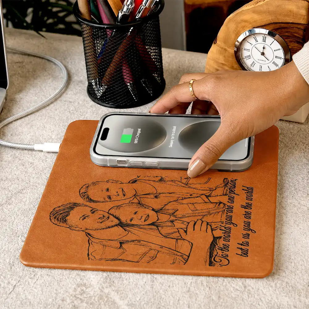 Custom Photo Pencil Sketch Best Dad Ever - Personalized Leather Charging Mat