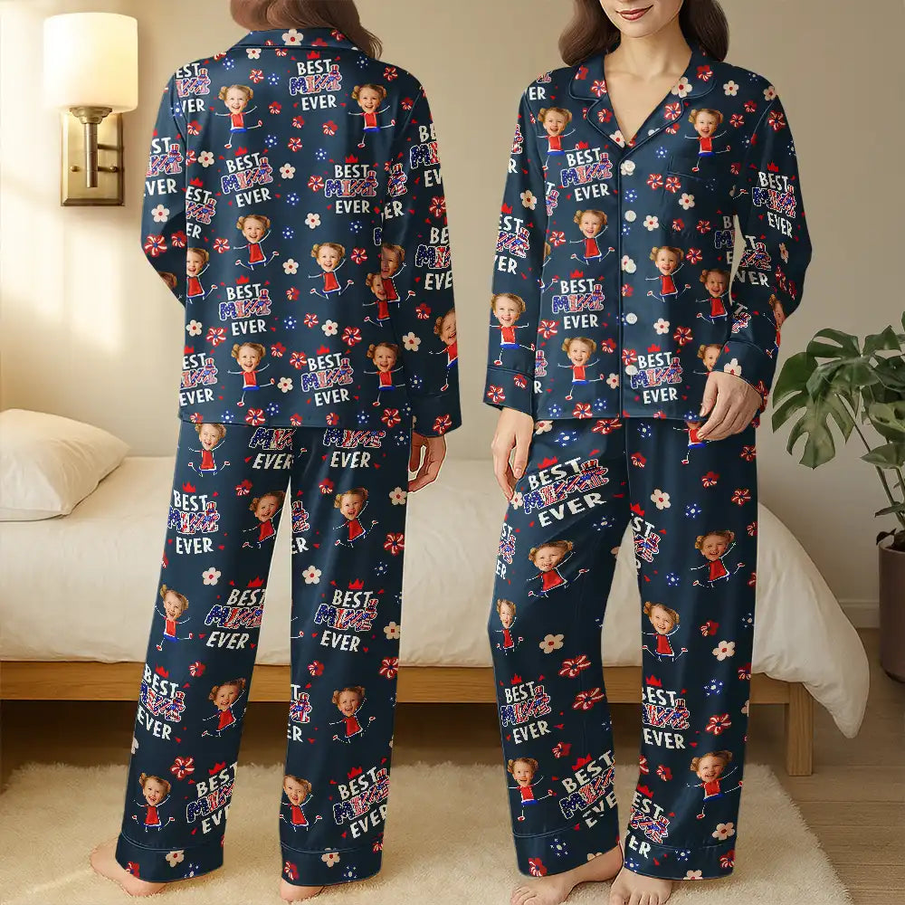 Custom Photo Stars & Stripes Best Mom Grandma Ever - Personalized Satin Pajama Set