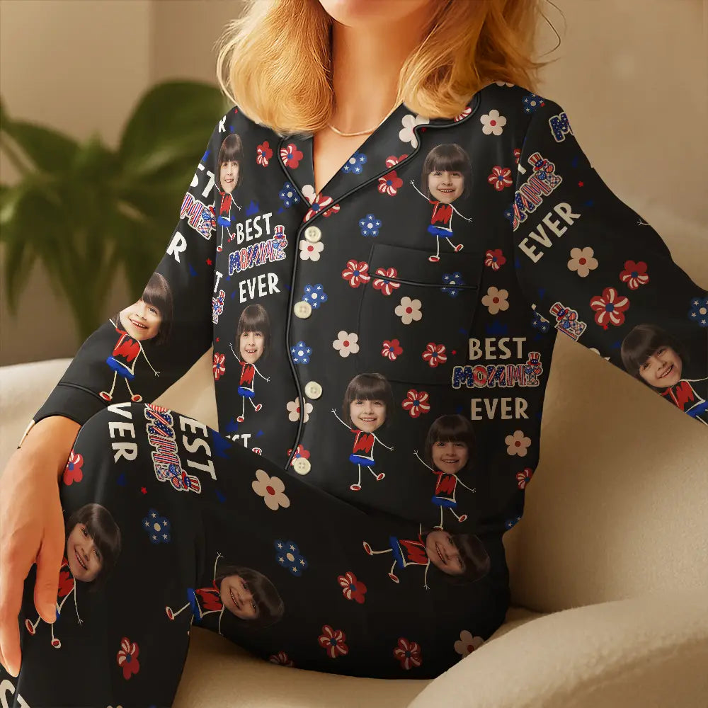 Custom Photo Stars & Stripes Best Mom Grandma Ever - Personalized Satin Pajama Set