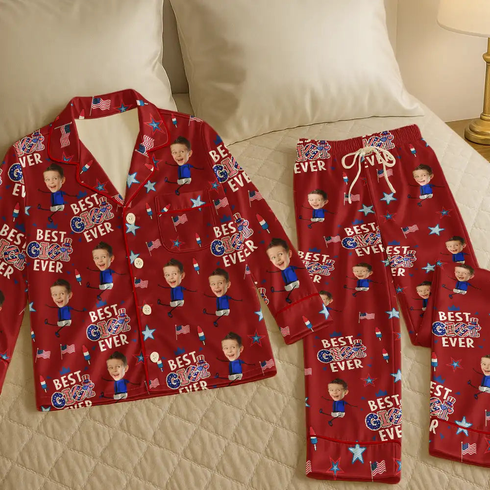 Custom Photo Stars & Stripes Best Mom Grandma Ever - Personalized Satin Pajama Set
