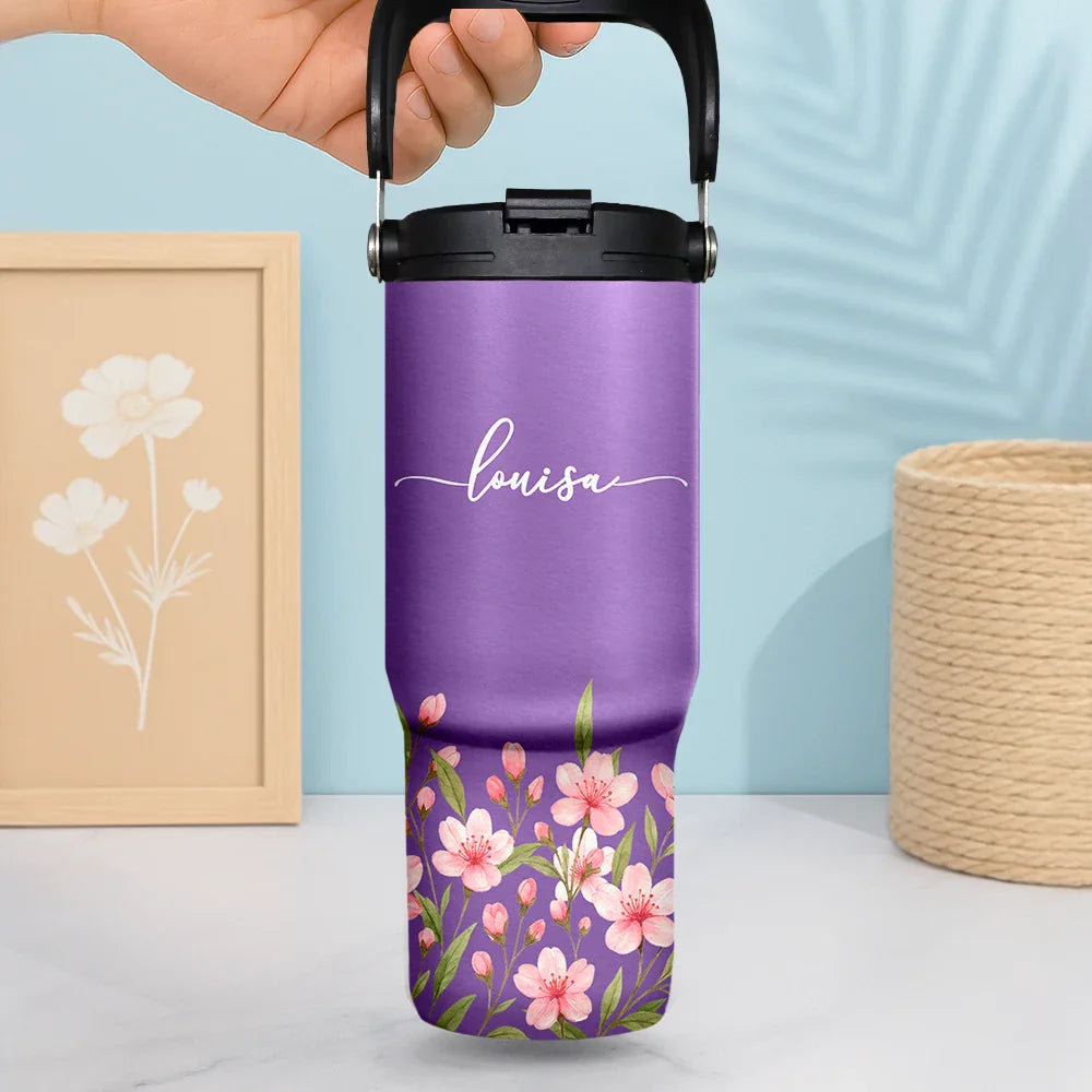 Blooming With Birth Flower And Name - Personalized 30oz Tumbler With Handle
