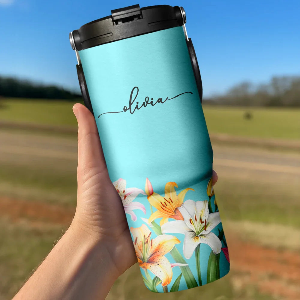 Blooming With Birth Flower And Name - Personalized 30oz Tumbler With Handle