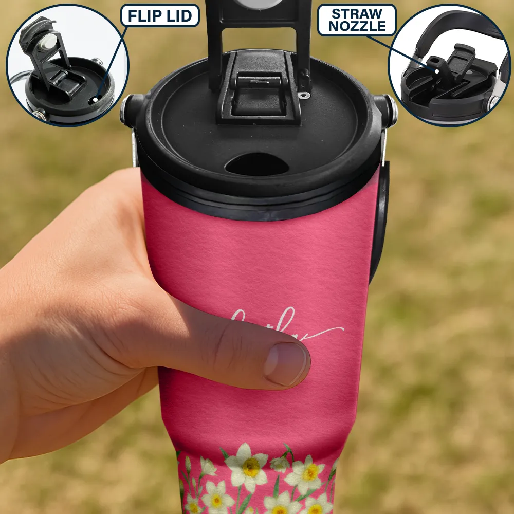 Blooming With Birth Flower And Name - Personalized 30oz Tumbler With Handle