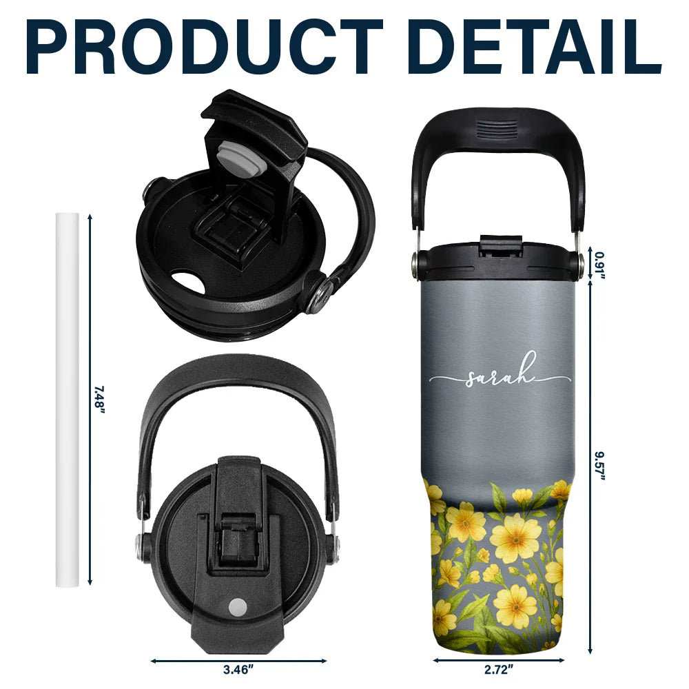 Blooming With Birth Flower And Name - Personalized 30oz Tumbler With Handle