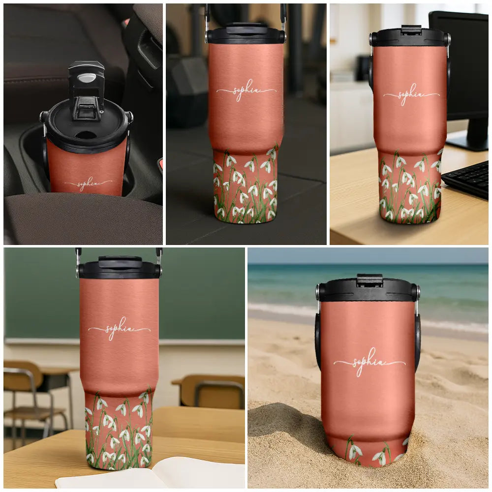 Blooming With Birth Flower And Name - Personalized 30oz Tumbler With Handle