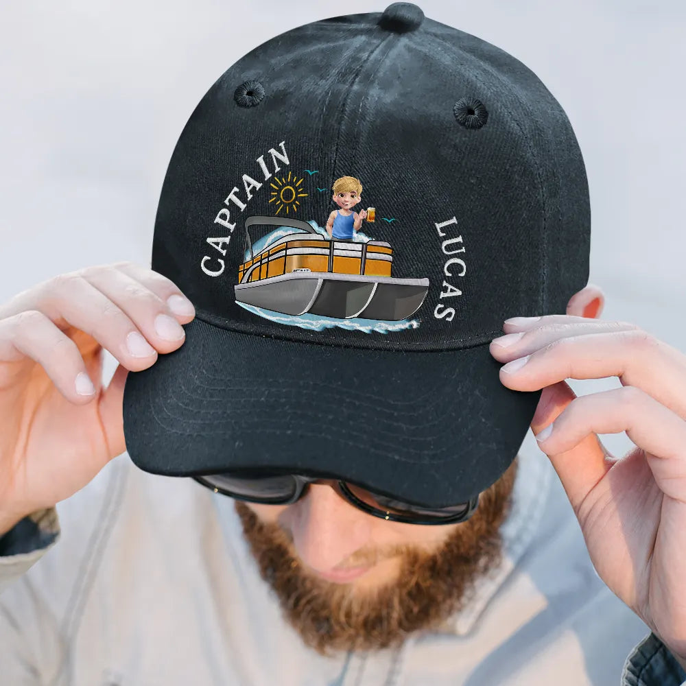Couple Pontoon Captain First Mate - Personalized Vintage Washed Denim Cap