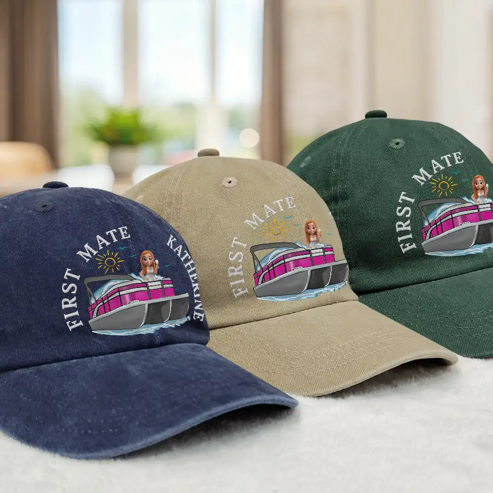 Couple Pontoon Captain First Mate - Personalized Vintage Washed Denim Cap