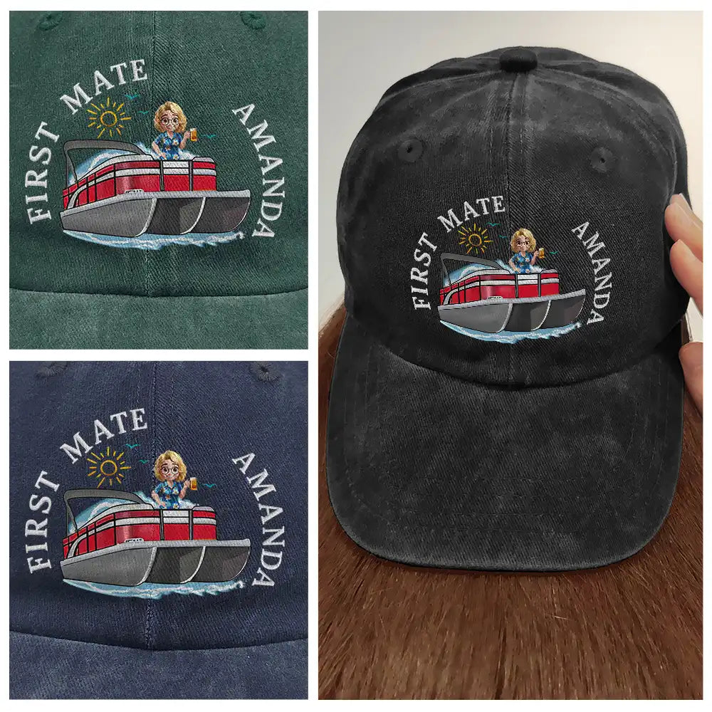 Couple Pontoon Captain First Mate - Personalized Vintage Washed Denim Cap