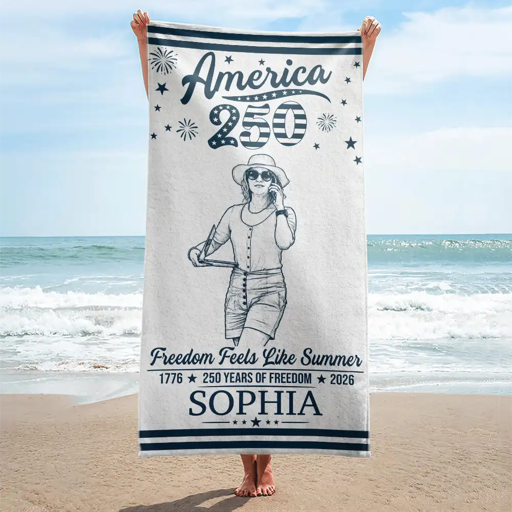Custom Photo Pencil Sketch America 250 Freedom Feels Like Summer - Personalized Beach Towel