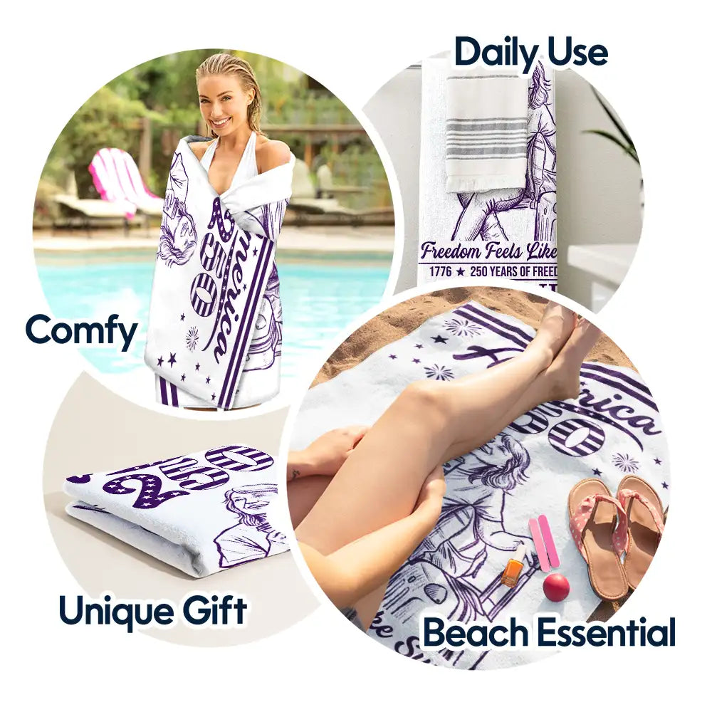 Custom Photo Pencil Sketch America 250 Freedom Feels Like Summer - Personalized Beach Towel