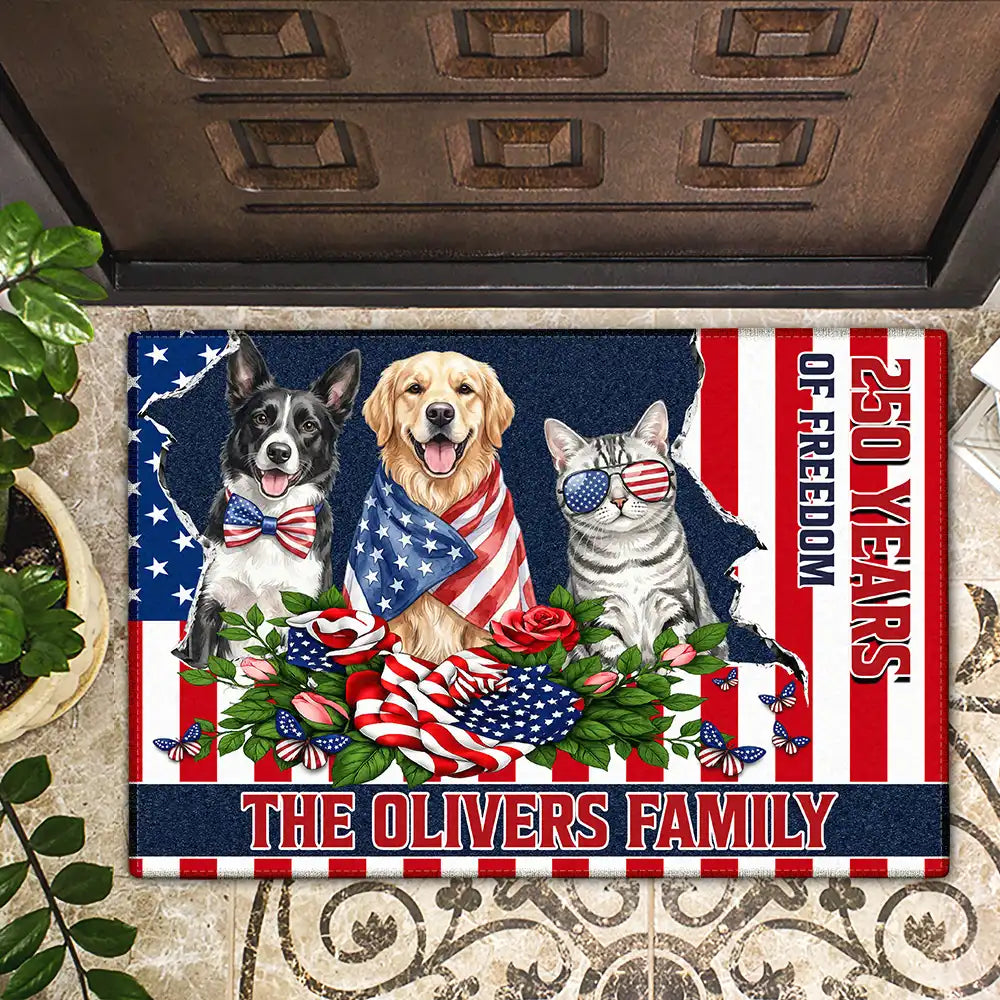 Custom Photo Watercolor With US Accessories Patriotic Dog Cat 250 Years Of Freedom - Personalized Doormat