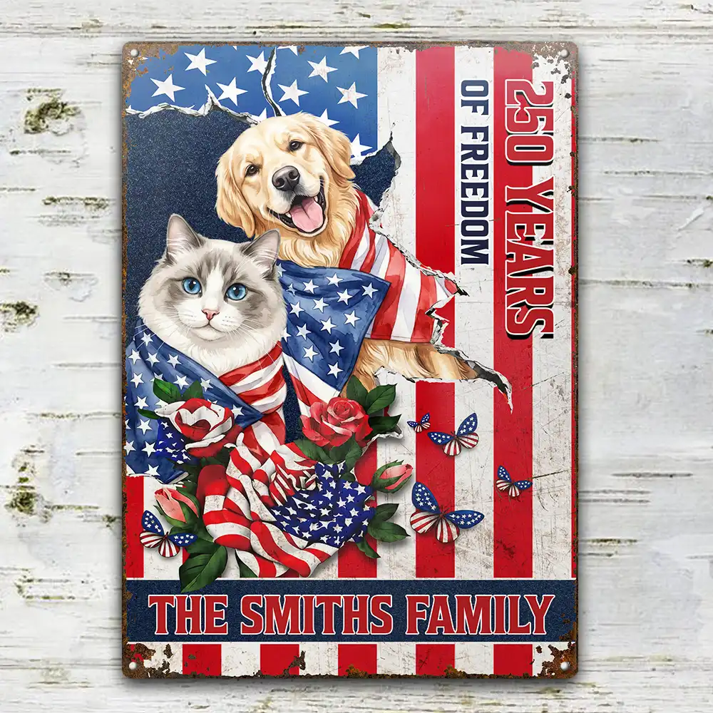 Custom Photo Watercolor With US Accessories Patriotic Dog Cat 250 Years Of Freedom - Personalized Classic Metal Signs