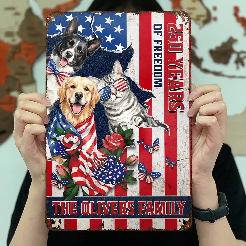 Custom Photo Watercolor With US Accessories Patriotic Dog Cat 250 Years Of Freedom - Personalized Classic Metal Signs