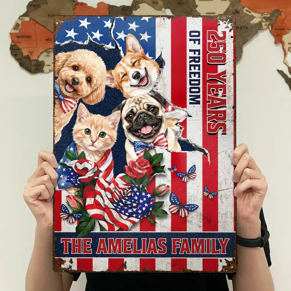 Custom Photo Watercolor With US Accessories Patriotic Dog Cat 250 Years Of Freedom - Personalized Classic Metal Signs