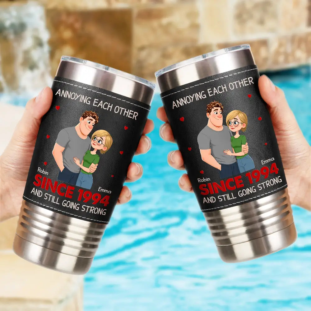 Vintage Animate Couple Annoying Each Other Since Year - Personalized Leather Tumbler