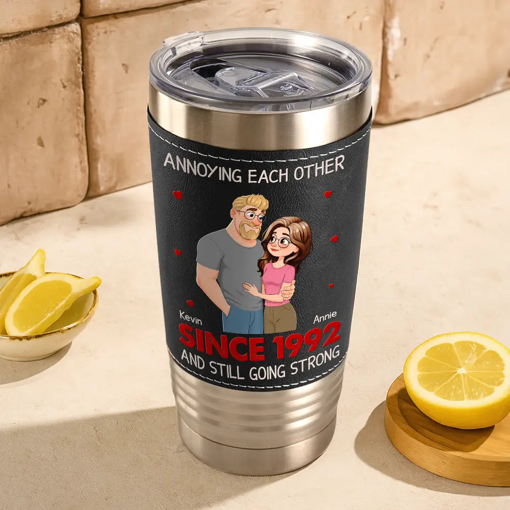 Vintage Animate Couple Annoying Each Other Since Year - Personalized Leather Tumbler