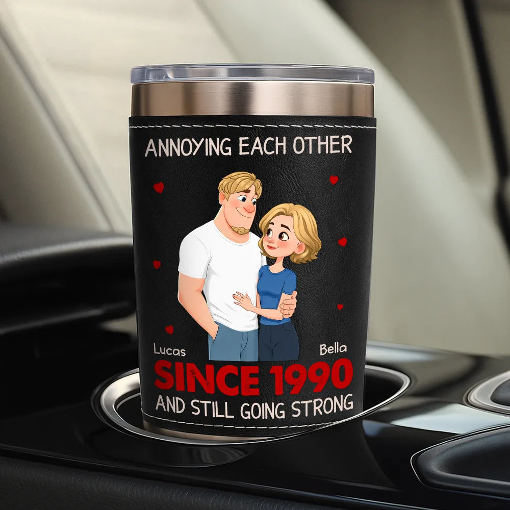 Vintage Animate Couple Annoying Each Other Since Year - Personalized Leather Tumbler