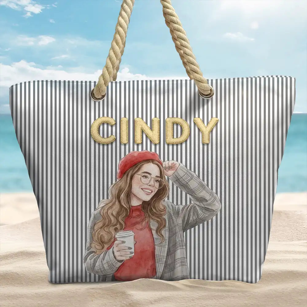 Custom Photo Realistic Watercolor Art Portrait Bestie Family Yourself - Personalized Beach Bag