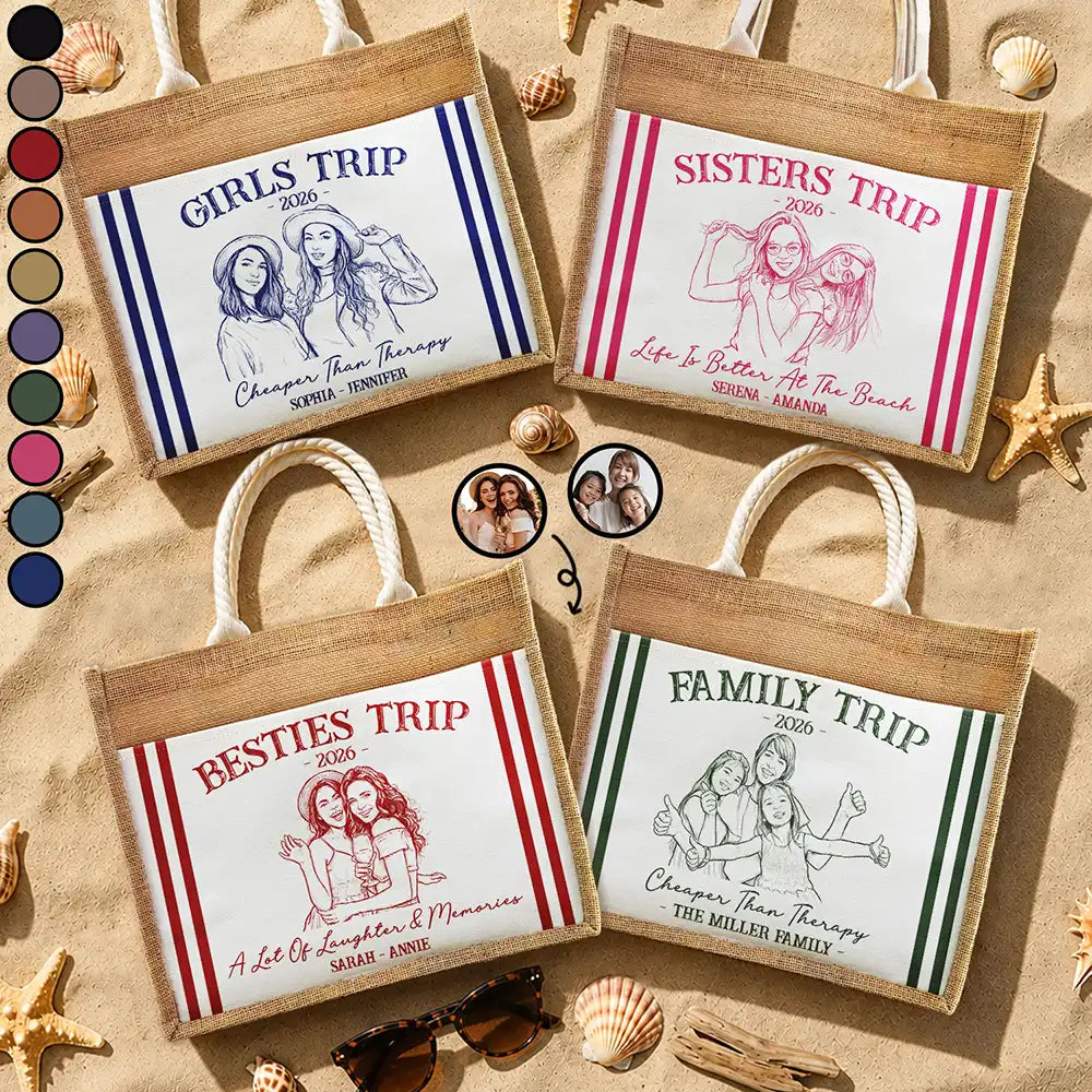 Custom Photo Pencil Sketch Girls Trip A Lot Of Laughter & Memory - Personalized Jute Tote Bag