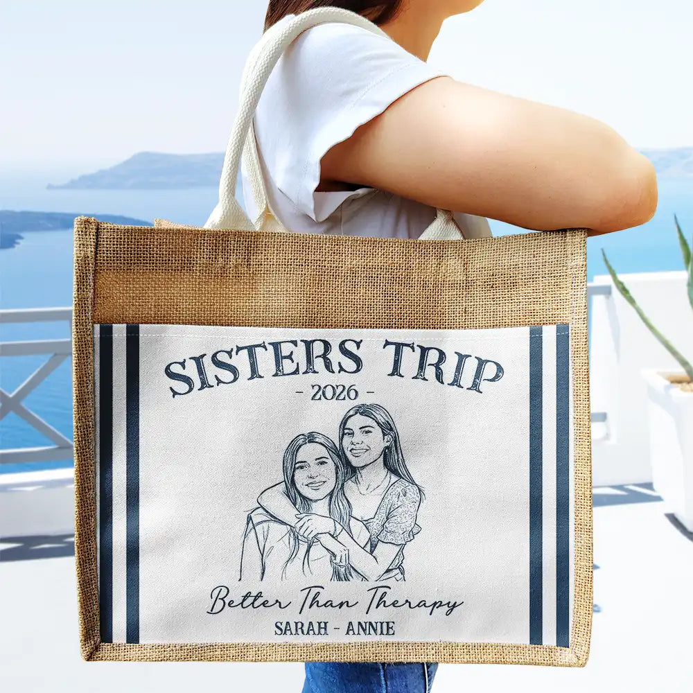 Custom Photo Pencil Sketch Girls Trip A Lot Of Laughter & Memory - Personalized Jute Tote Bag