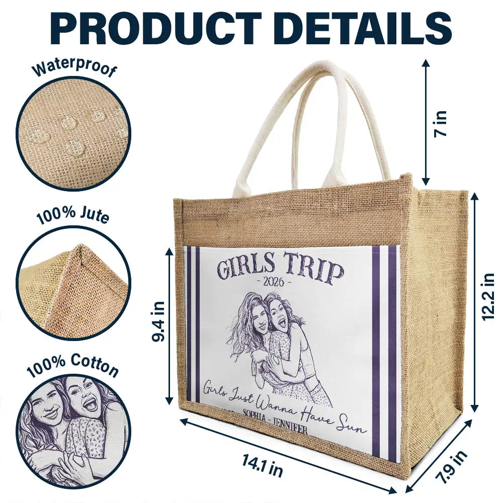 Custom Photo Pencil Sketch Girls Trip A Lot Of Laughter & Memory - Personalized Jute Tote Bag