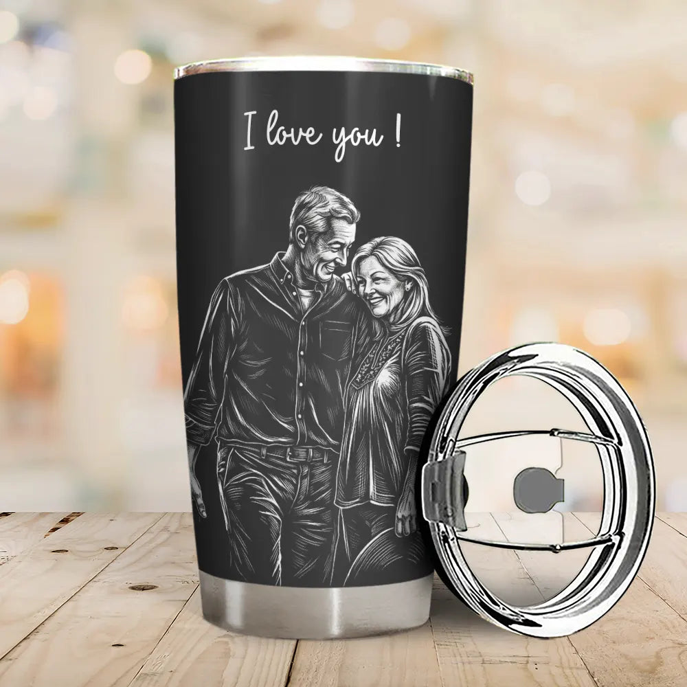 Custom Photo White Pencil Sketch Art Happy Anniversary Couple - Personalized Tumbler