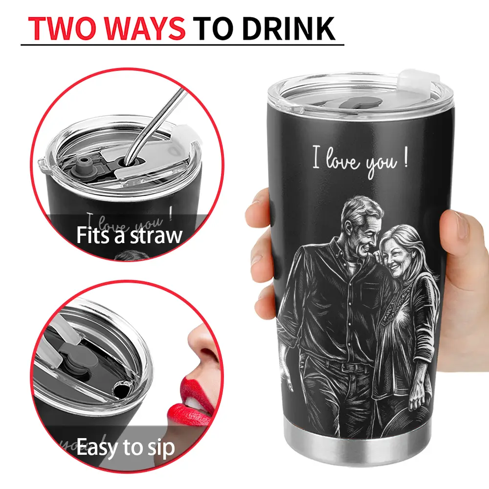 Custom Photo White Pencil Sketch Art Happy Anniversary Couple - Personalized Tumbler