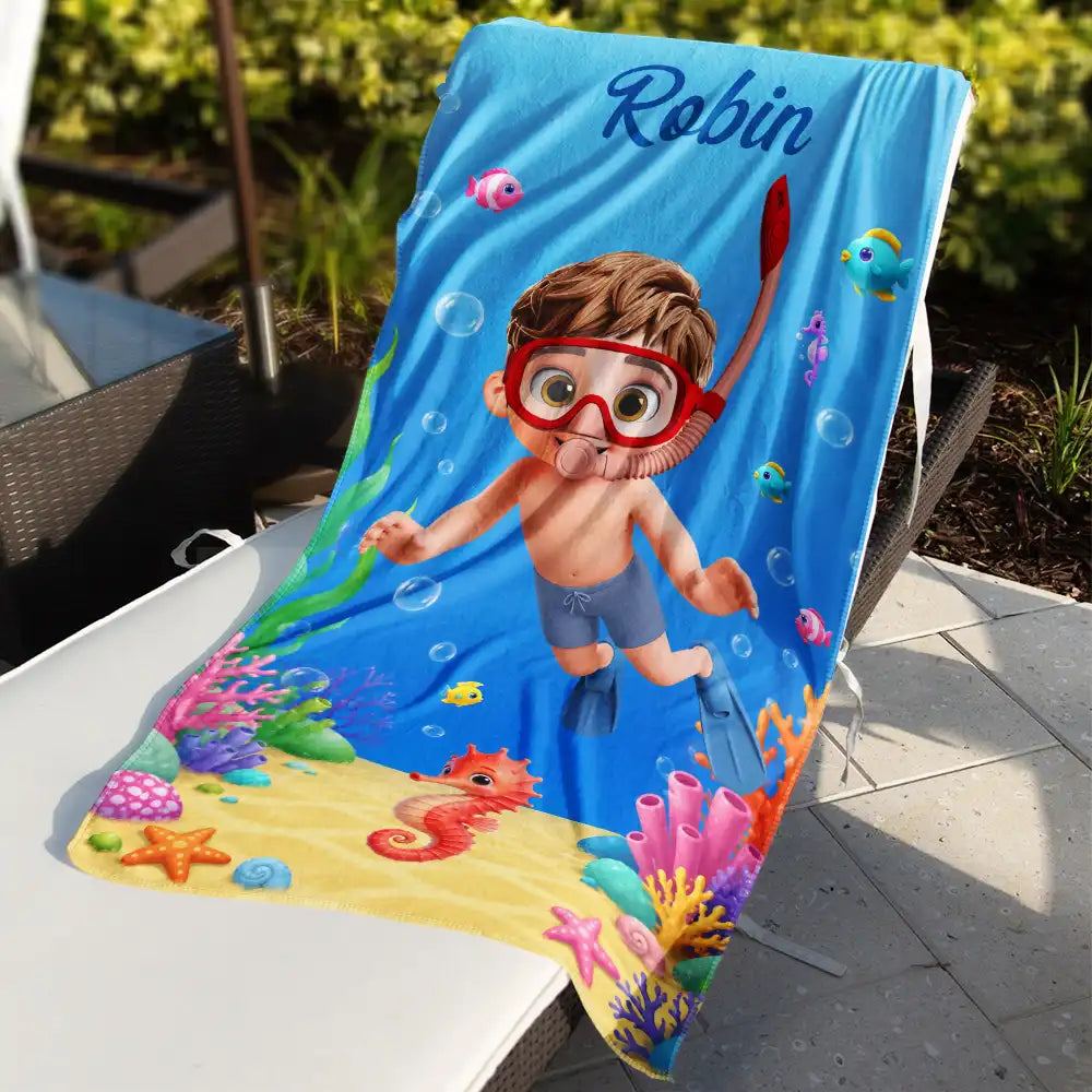 Scuba Diving Lovely Kid Ocean Theme - Personalized Beach Towel