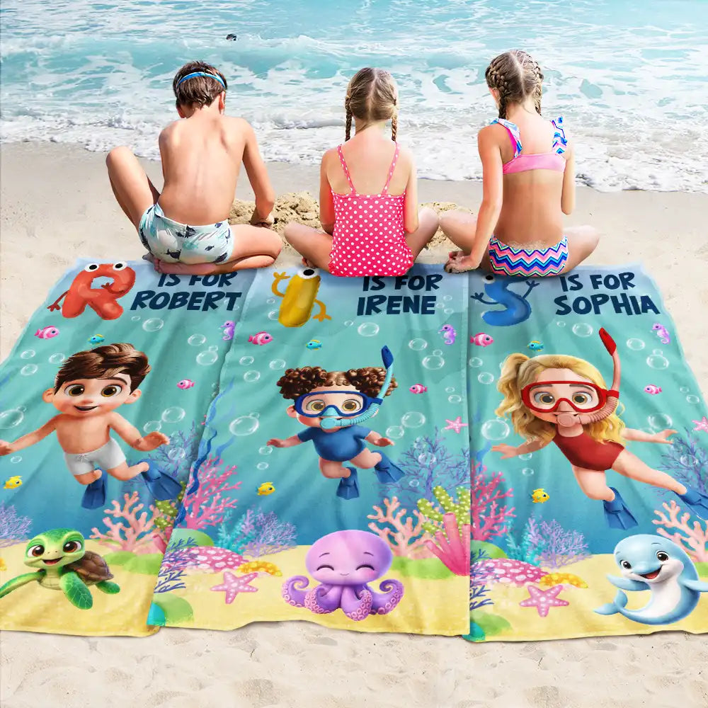 Scuba Diving Kid With Name - Personalized Beach Towel