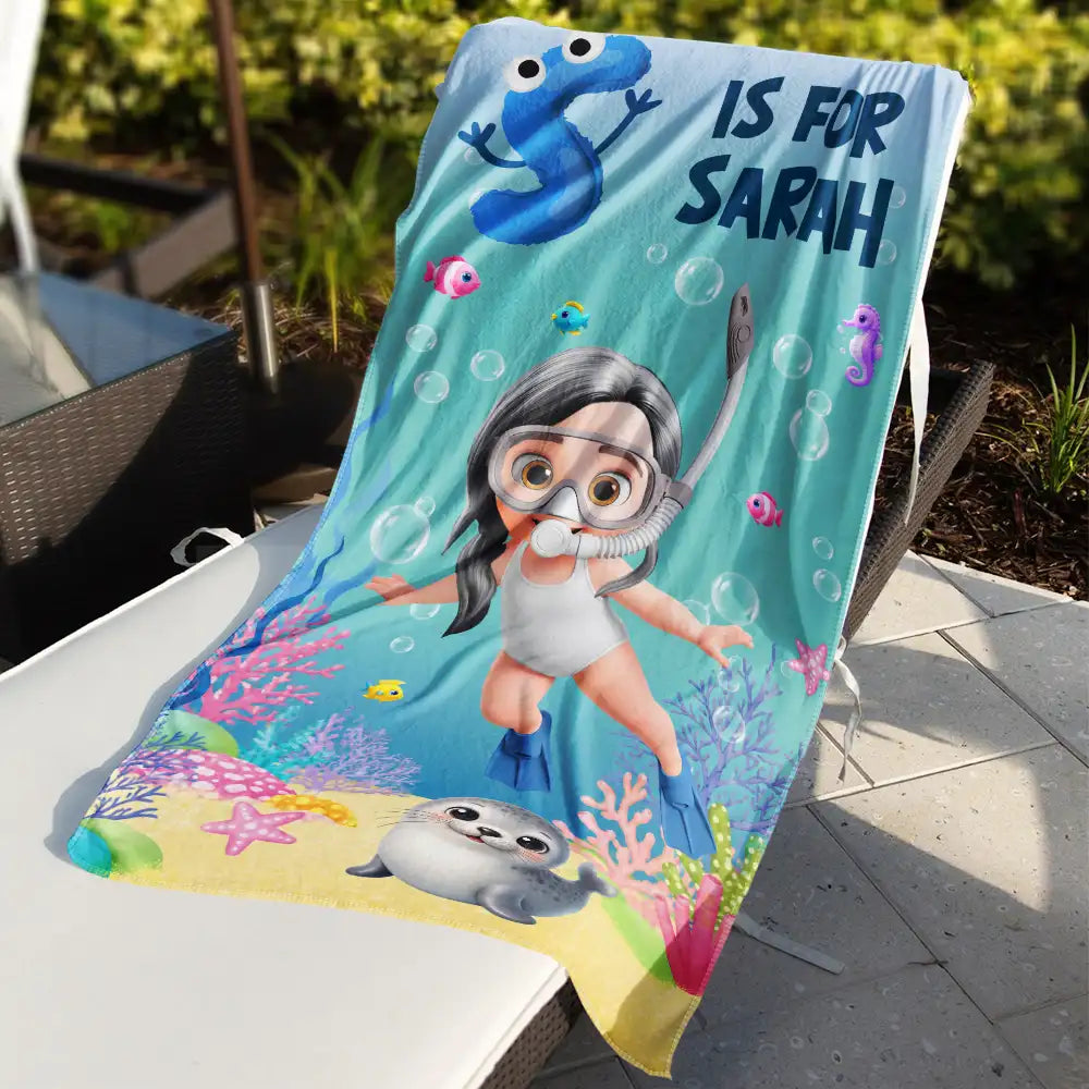 Scuba Diving Kid With Name - Personalized Beach Towel